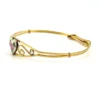Signed Kiddie Kraft 1/20 12K gold filled sweetheart bangle bracelet with guilloche enamel heart, pink rose, and green leaves