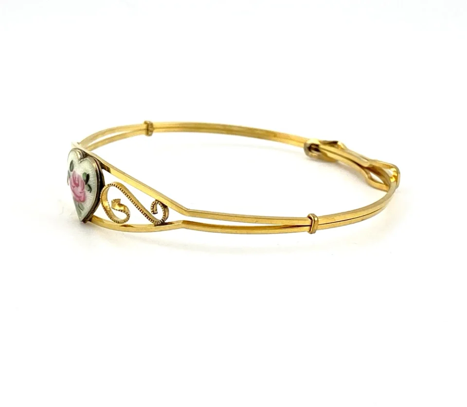 Signed Kiddie Kraft 1/20 12K gold filled sweetheart bangle bracelet with guilloche enamel heart, pink rose, and green leaves