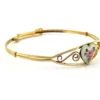 Signed Kiddie Kraft 1/20 12K gold filled sweetheart bangle bracelet with guilloche enamel heart, pink rose, and green leaves