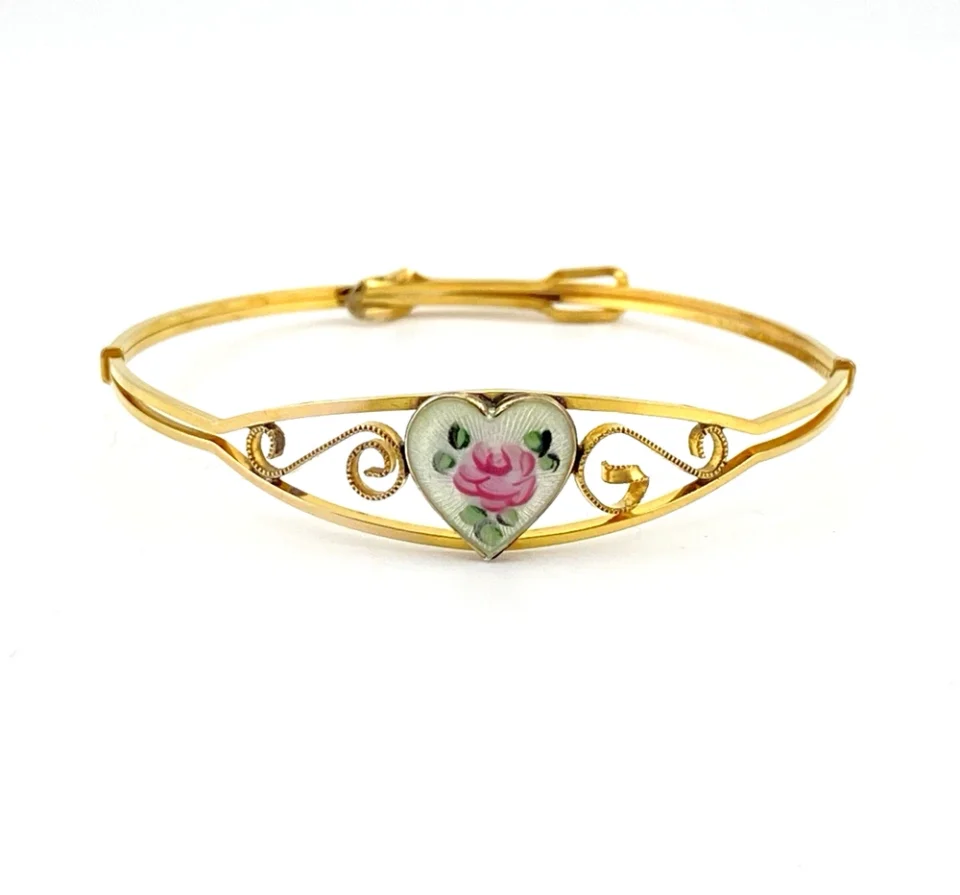 Kiddie Kraft Sweetheart Bangle Bracelet With Guilloche Enamel Heart 12K Gold Filled