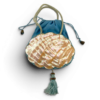 Antique Art Nouveau era mother-of-pearl and blue silk necessaire purse with scalloped shell panels, rope handles, and tassel.