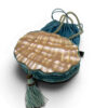 Antique Art Nouveau era mother-of-pearl and blue silk necessaire purse with scalloped shell panels, rope handles, and tassel.