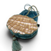 Antique Art Nouveau era mother-of-pearl and blue silk necessaire purse with scalloped shell panels, rope handles, and tassel.