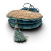 Antique Art Nouveau era mother-of-pearl and blue silk necessaire purse with scalloped shell panels, rope handles, and tassel.