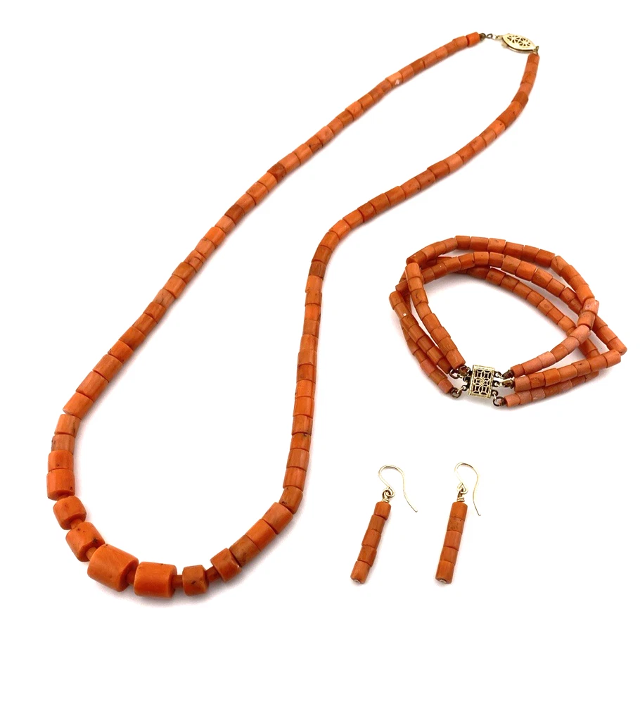 Rare Estate Natural Tube Coral Necklace Bracelet Earrings Grand Parure Set