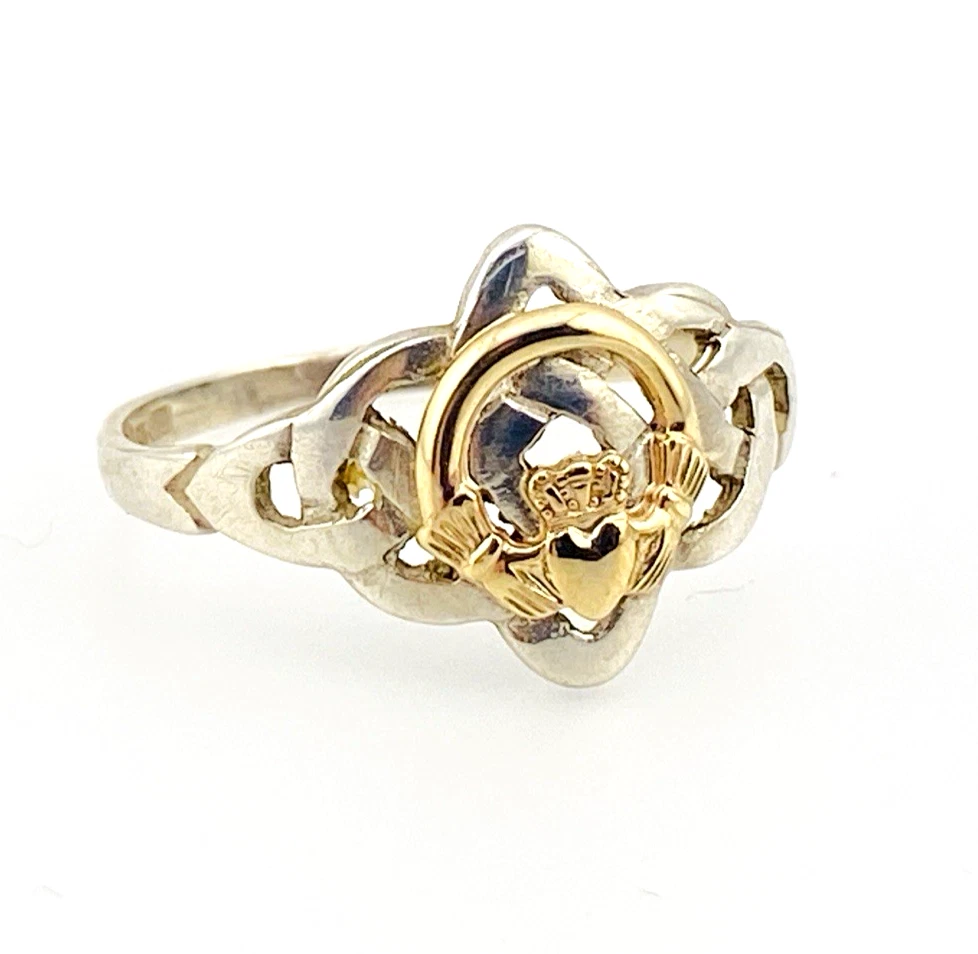 Vintage sterling silver and estimated 8k gold Claddagh ring with crowned heart and Celtic openwork shoulders