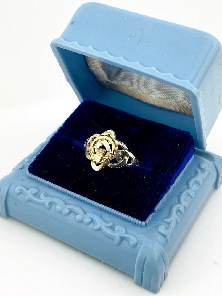 Vintage sterling silver and estimated 8k gold Claddagh ring with crowned heart and Celtic openwork shoulders