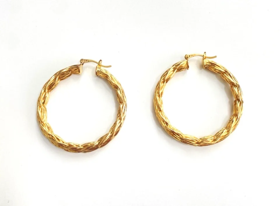 Vintage SKL gold filled twisted rope hoop earrings with hinged posts and 1 3/4 inch diameter