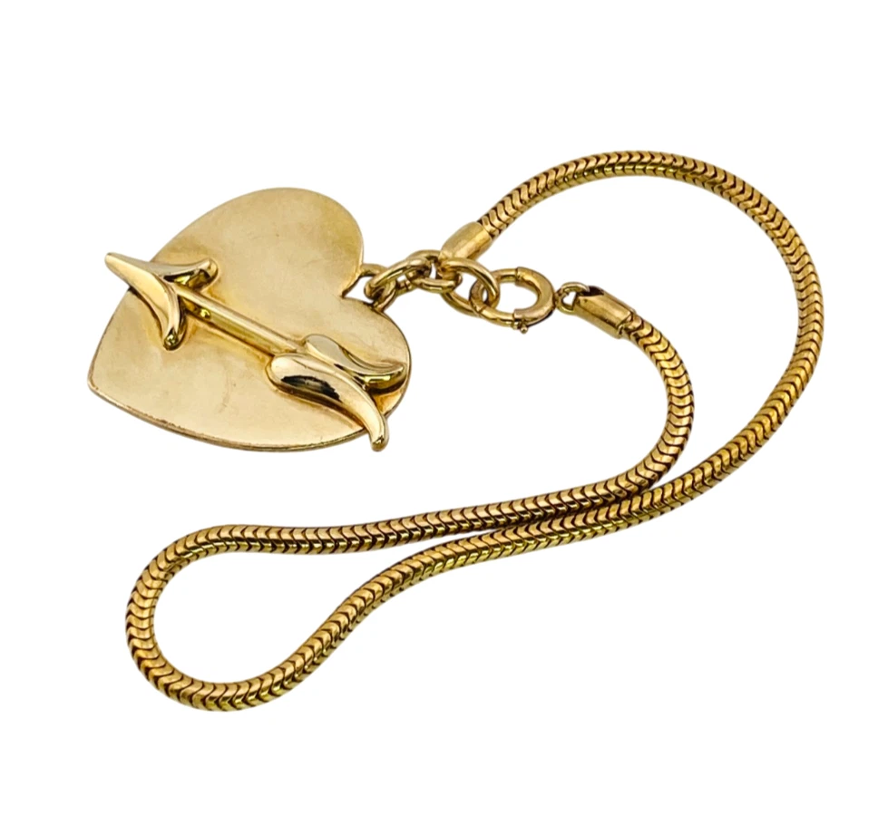 Vintage Forstner 12k gold filled heart and arrow charm bracelet on snake chain