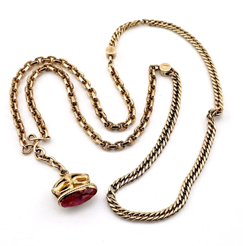 Gold Filled Pocket Watch Chain Necklace With Pink Jeweled Fob