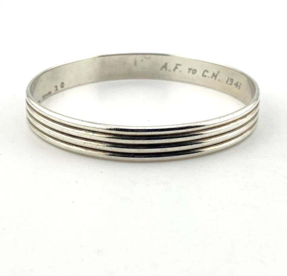 Vintage Sterling Silver S. Kirk and Sons Bangle Bracelet 1941 Dedication 7.75 in