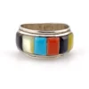 Vintage Southwestern sterling silver cigar band ring with turquoise, coral, black onyx, and mother of pearl inlay.