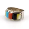 Vintage Southwestern sterling silver cigar band ring with turquoise, coral, black onyx, and mother of pearl inlay.