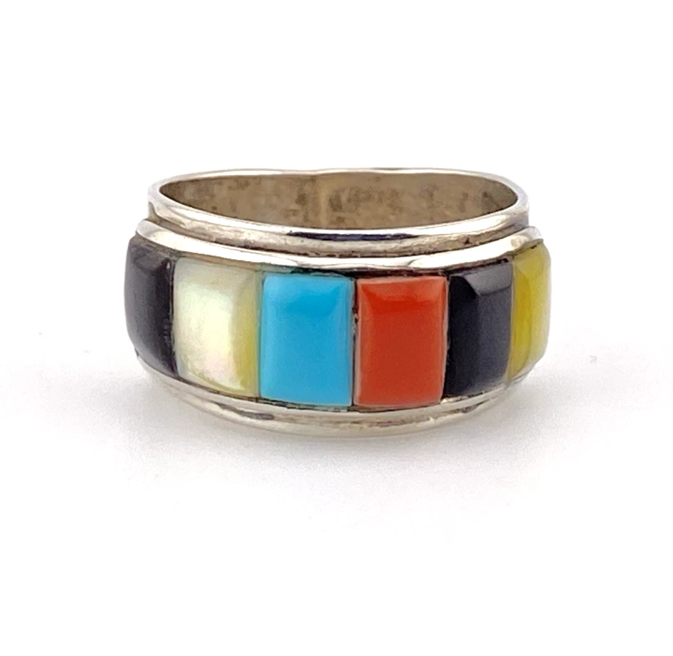 Southwestern Sterling Silver Multi Gemstone Inlay Ring