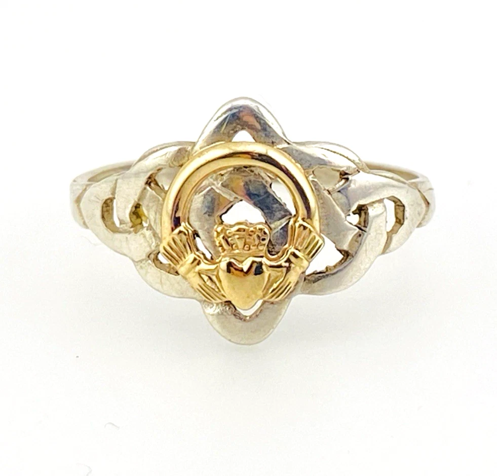 Vintage sterling silver and estimated 8k gold Claddagh ring with crowned heart and Celtic openwork shoulders