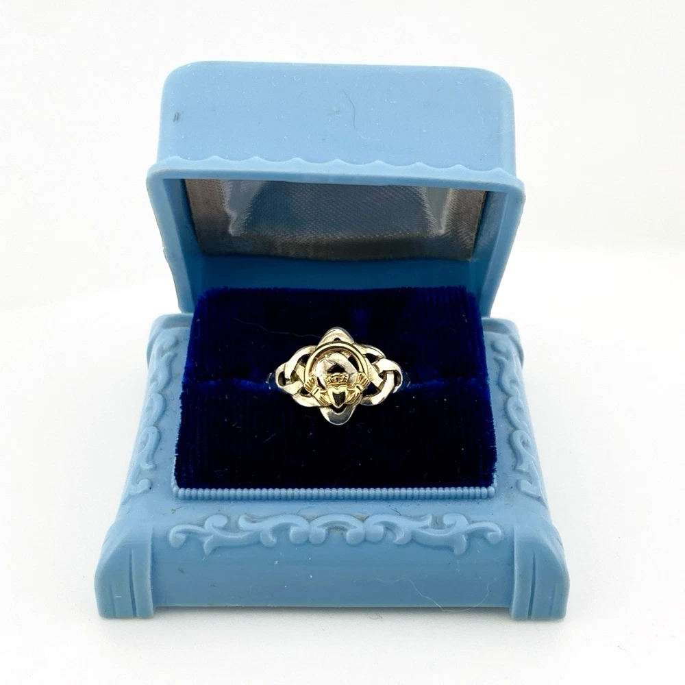 Vintage sterling silver and estimated 8k gold Claddagh ring with crowned heart and Celtic openwork shoulders