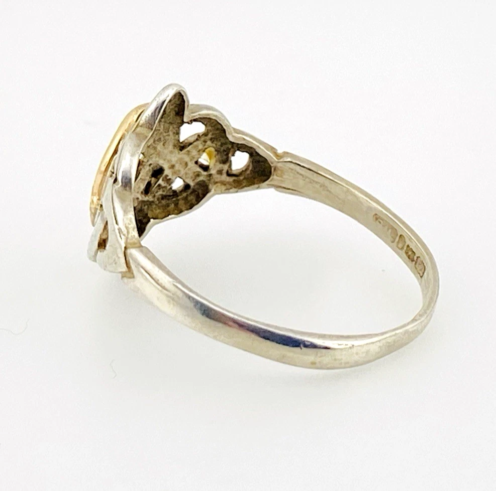 Vintage sterling silver and estimated 8k gold Claddagh ring with crowned heart and Celtic openwork shoulders