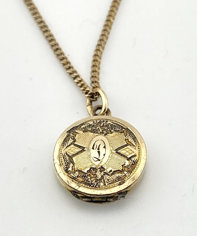 Tiny antique Victorian round initial D locket necklace with chased cover and 1/10 14K gold filled tight curb chain
