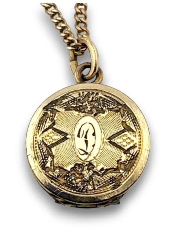 Antique Victorian Tiny Initial D Locket Necklace with 1/10 14K Gold Filled Chain