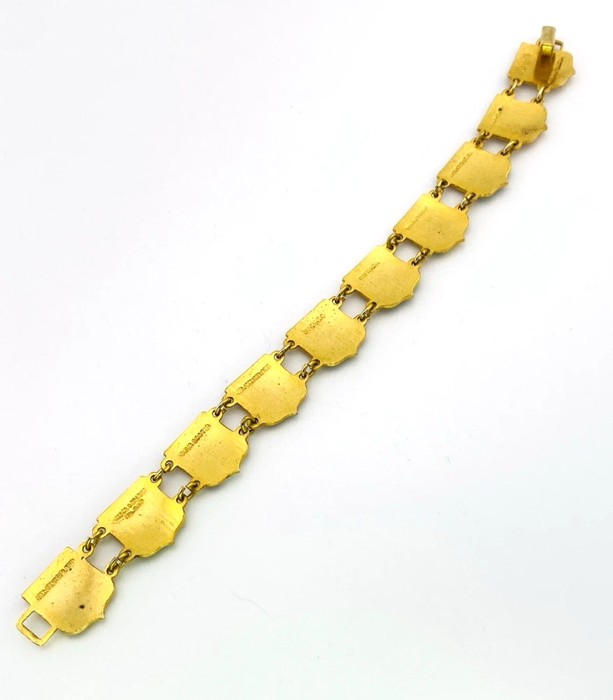 Vintage Canada souvenir bracelet with colorful enameled provincial shield links and gold plated finish