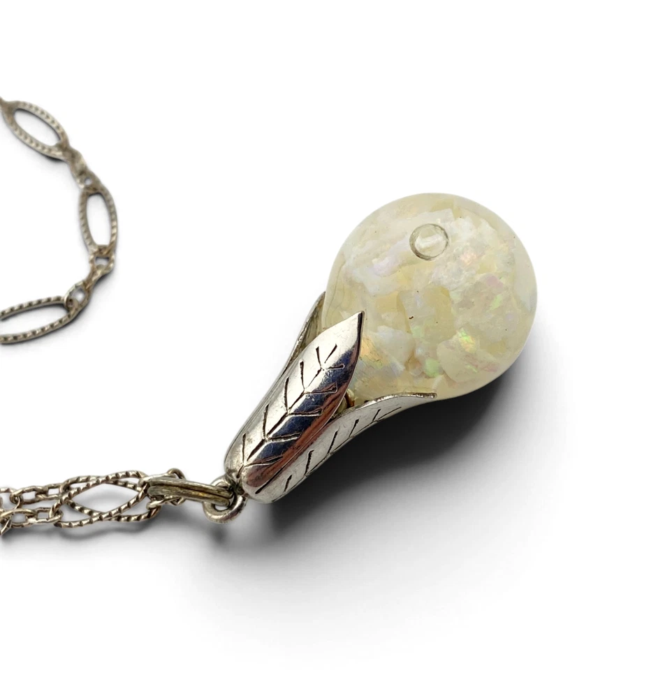 Vintage floating opal sterling silver pendant necklace with liquid filled glass orb and 24 inch chain