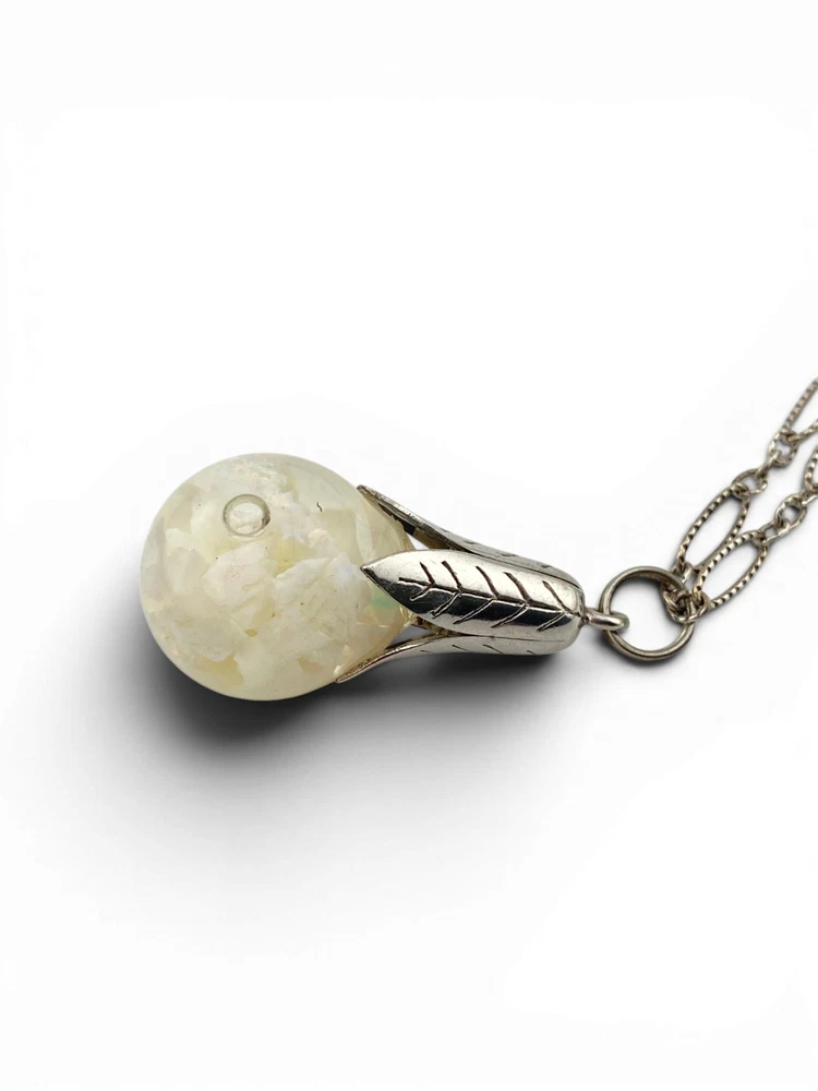 Vintage floating opal sterling silver pendant necklace with liquid filled glass orb and 24 inch chain