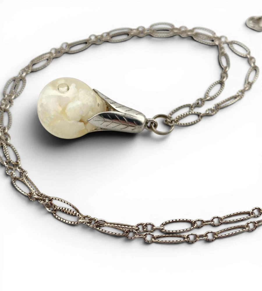 Vintage floating opal sterling silver pendant necklace with liquid filled glass orb and 24 inch chain