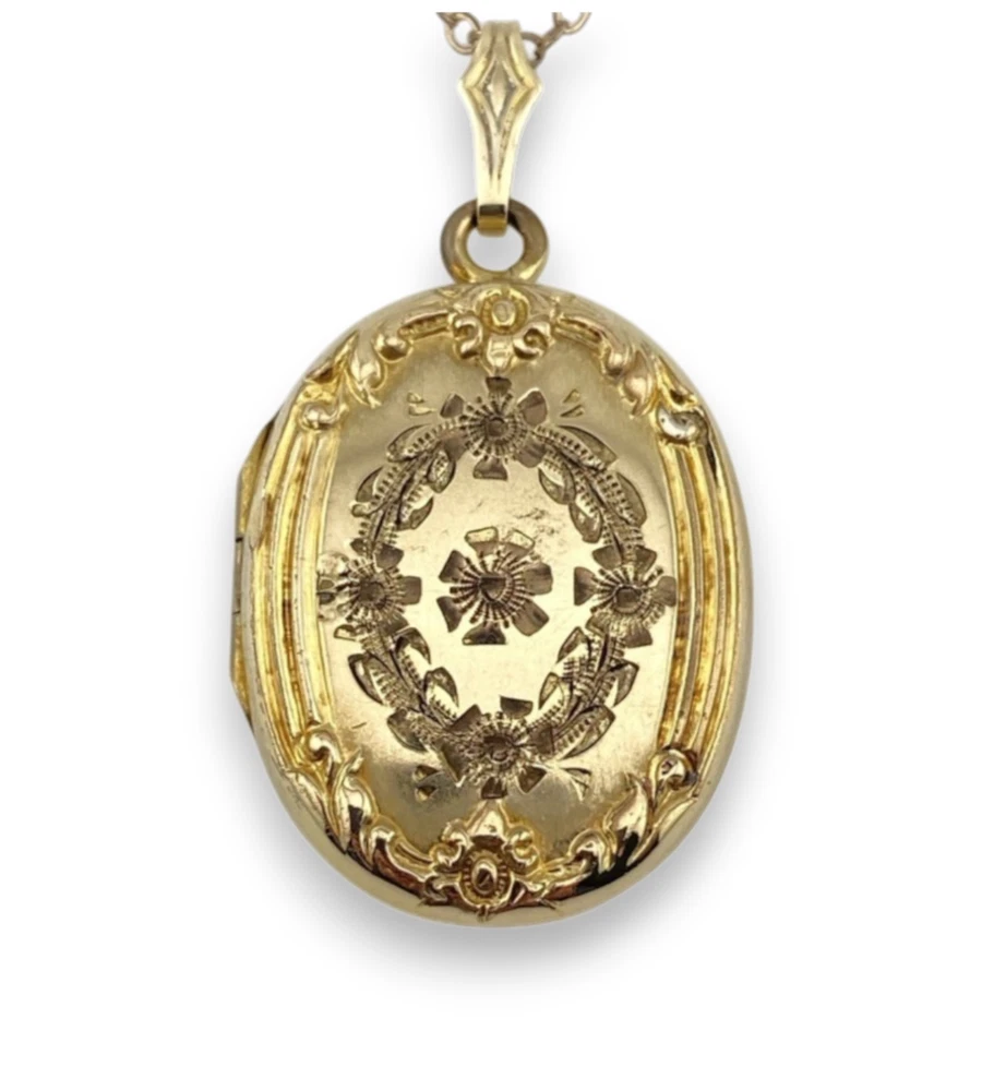 Vintage F.M. Co 10K Gold Filled Oval Locket Necklace With Floral Engraving