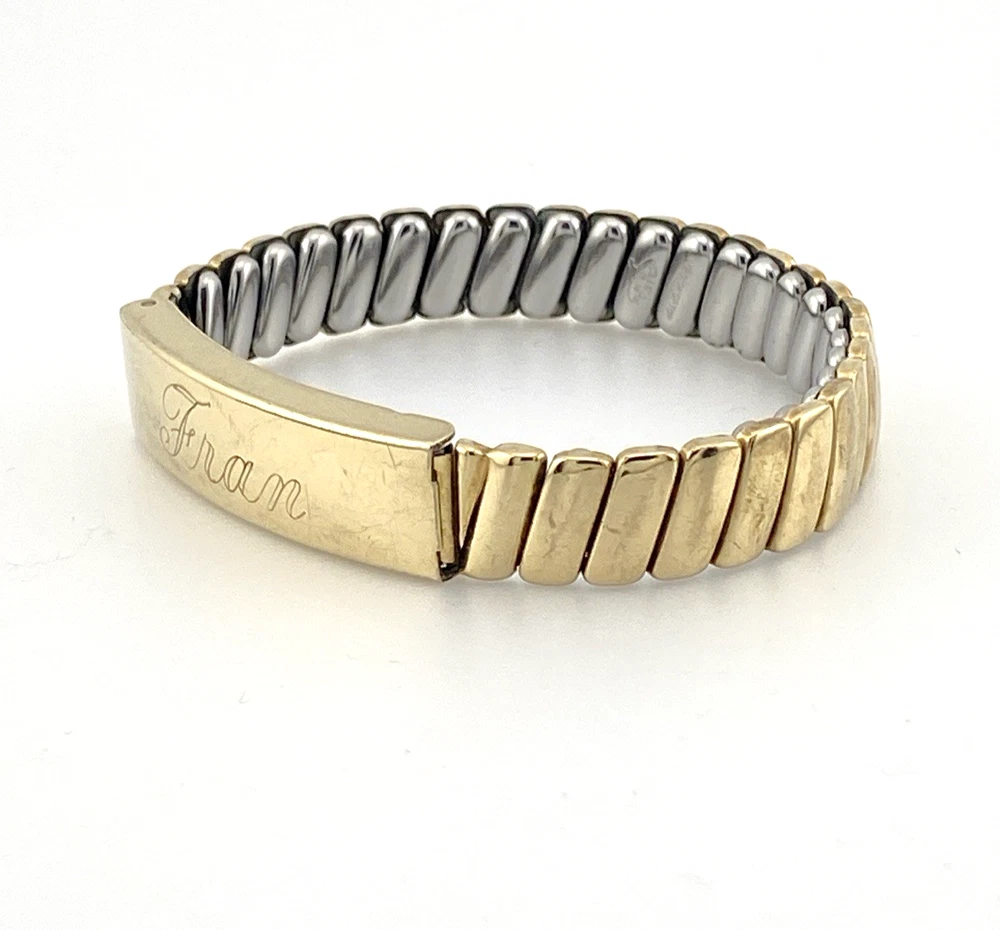 Vintage Foster 1/20 12K gold filled top ID locket expansion bracelet inscribed Fran and All My Love Bob with puppy dog maker’s mark