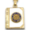 Vintage H.F.B. 1/20 12K gold filled book locket necklace with Valley Forge Military Academy seal on white mother of pearl and 17.5 inch rope chain