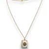 Vintage H.F.B. 1/20 12K gold filled book locket necklace with Valley Forge Military Academy seal on white mother of pearl and 17.5 inch rope chain