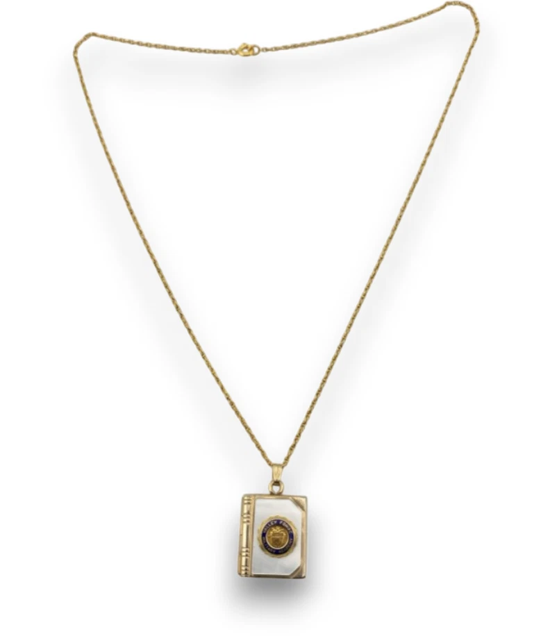 Vintage H.F.B. 1/20 12K gold filled book locket necklace with Valley Forge Military Academy seal on white mother of pearl and 17.5 inch rope chain