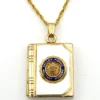 Vintage H.F.B. 1/20 12K gold filled book locket necklace with Valley Forge Military Academy seal on white mother of pearl and 17.5 inch rope chain