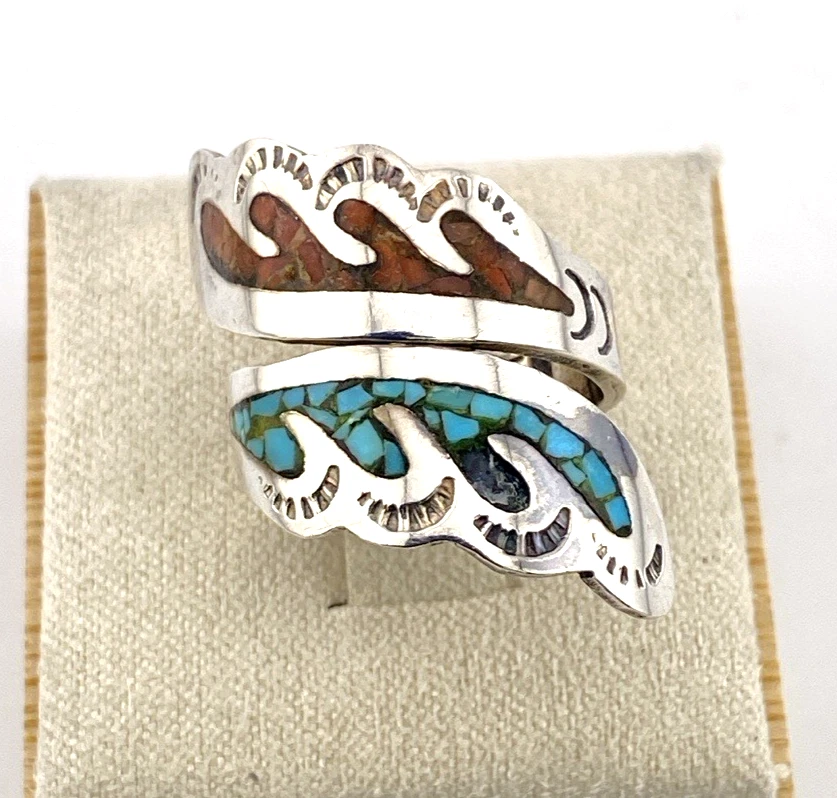 Ahasteen Navajo Sterling Silver Turquoise Coral Inlay Ring