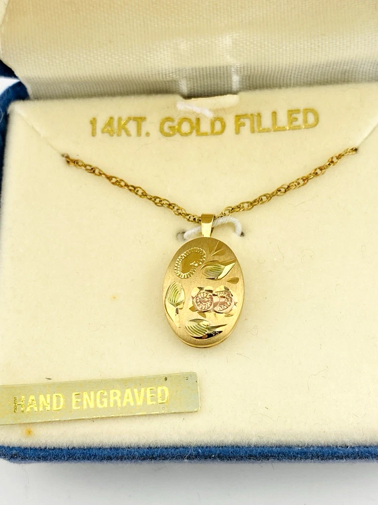 Vintage new old stock PPC 14K gold filled engraved oval locket necklace in original blue box with sealed 18 inch chain