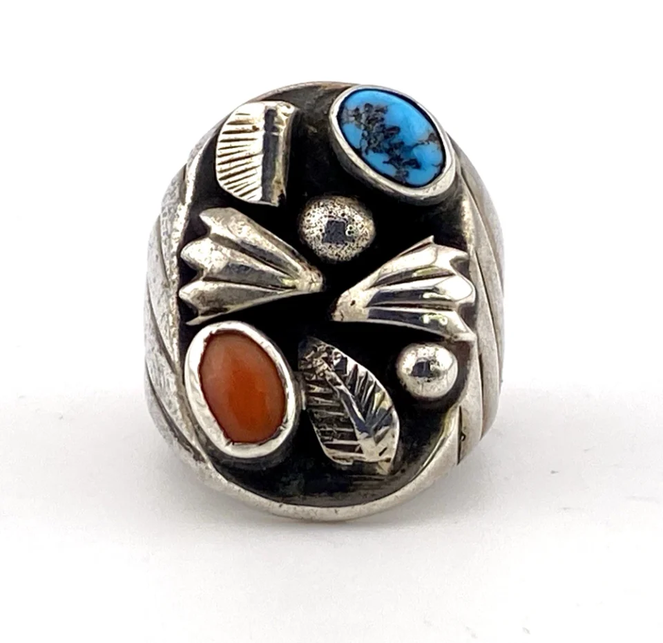Old Pawn Style Sterling Silver Turquoise Coral Ring