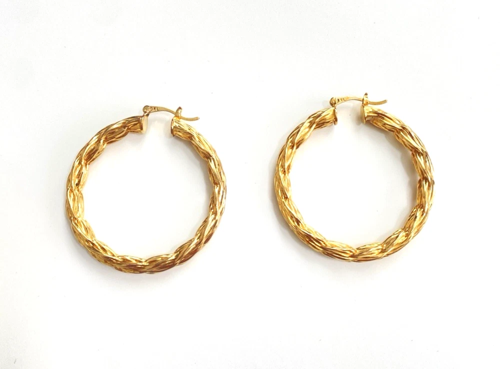 Vintage SKL gold filled twisted rope hoop earrings with hinged posts and 1 3/4 inch diameter
