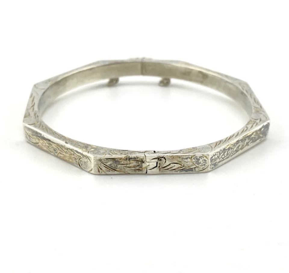 Sterling Silver Engraved Octagonal Hinged Bangle Bracelet