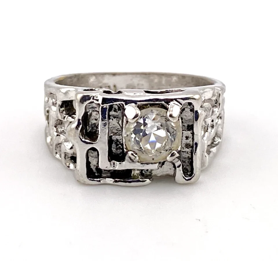 Vintage Uncas Mens Modernist White Gold Plated Crystal Ring Size 12