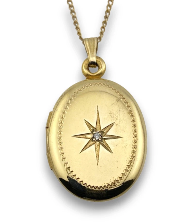 Vintage Winard 12K Gold Filled Diamond Starburst Oval Locket Necklace