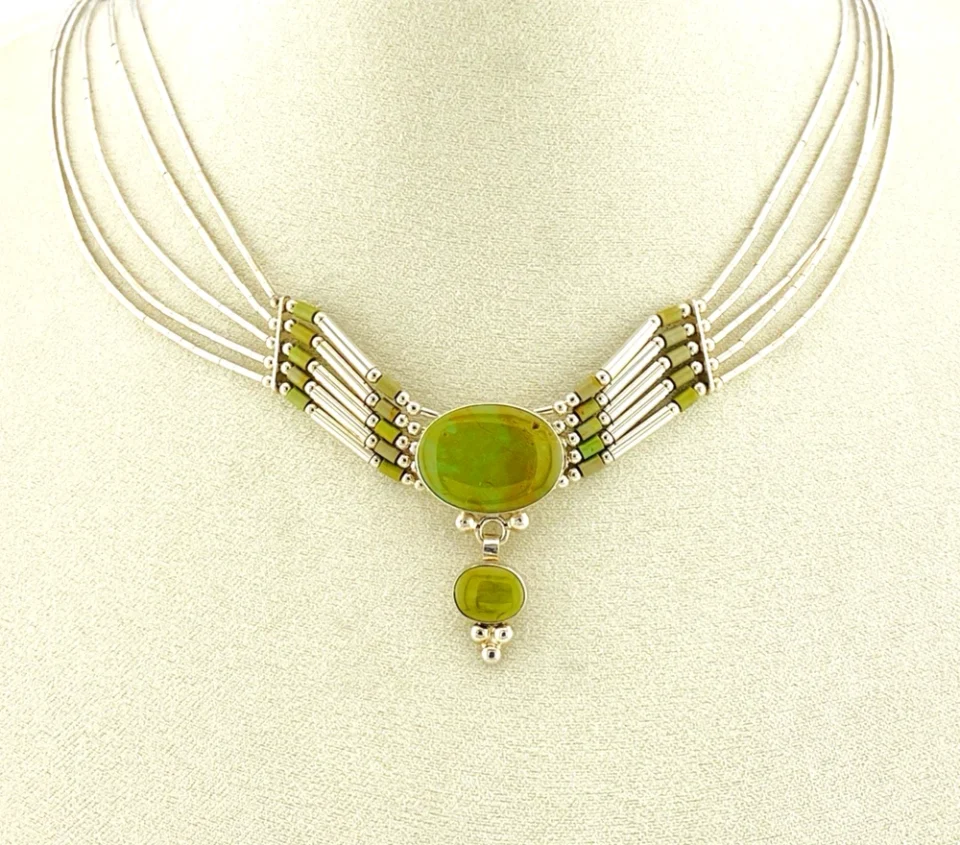 Sterling Silver Green Turquoise Multi Strand Liquid Silver Necklace