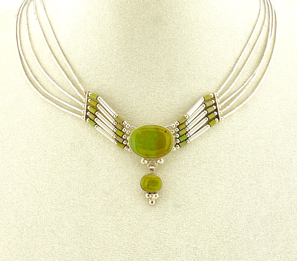 Sterling Silver Green Turquoise Multi Strand Liquid Silver Necklace