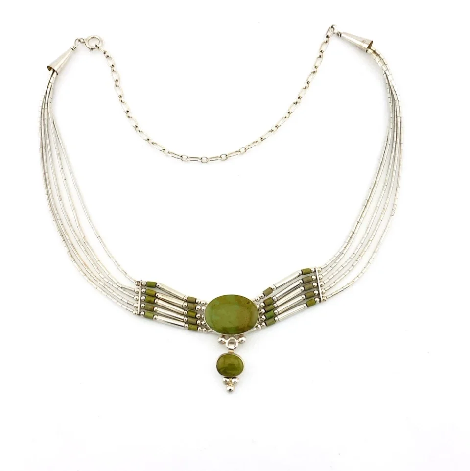 Sterling Silver Green Turquoise Multi Strand Liquid Silver Necklace