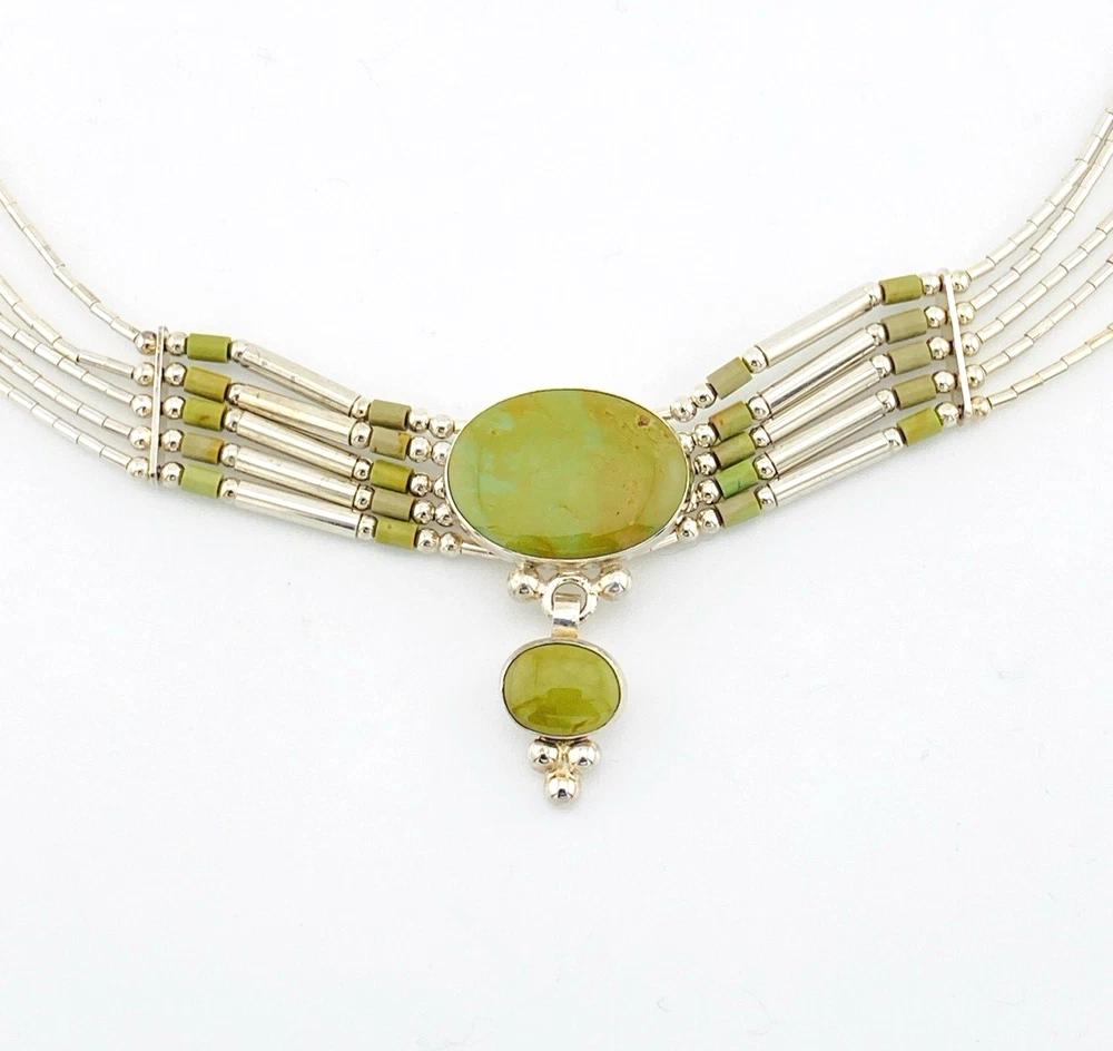 Sterling Silver Green Turquoise Multi Strand Liquid Silver Necklace