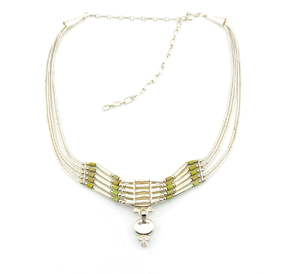 Sterling Silver Green Turquoise Multi Strand Liquid Silver Necklace