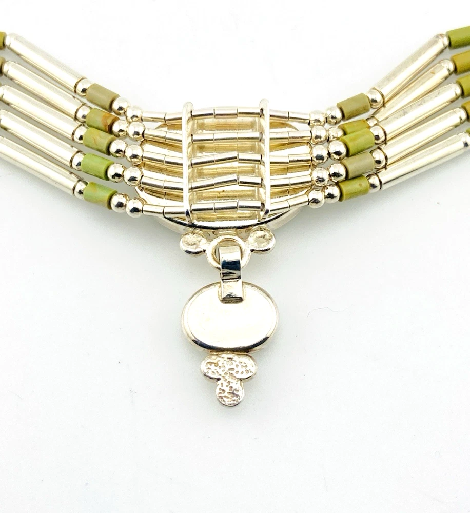 Sterling Silver Green Turquoise Multi Strand Liquid Silver Necklace