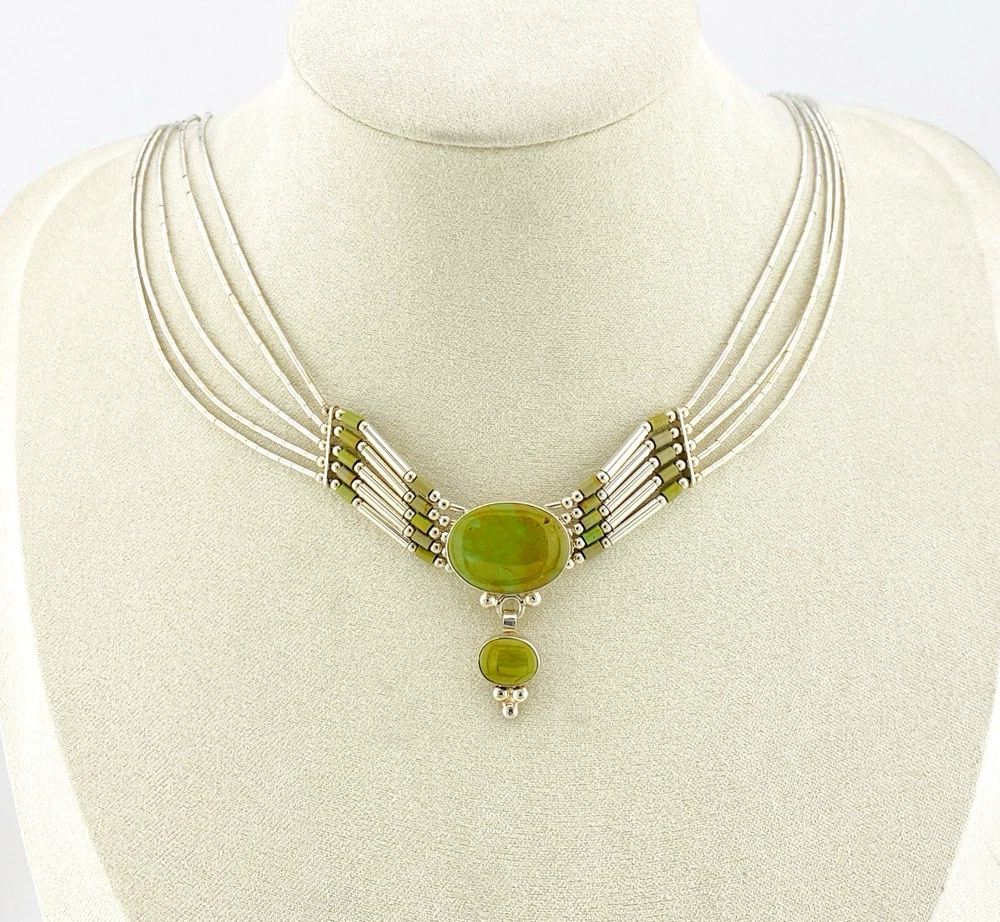 Sterling Silver Green Turquoise Multi Strand Liquid Silver Necklace