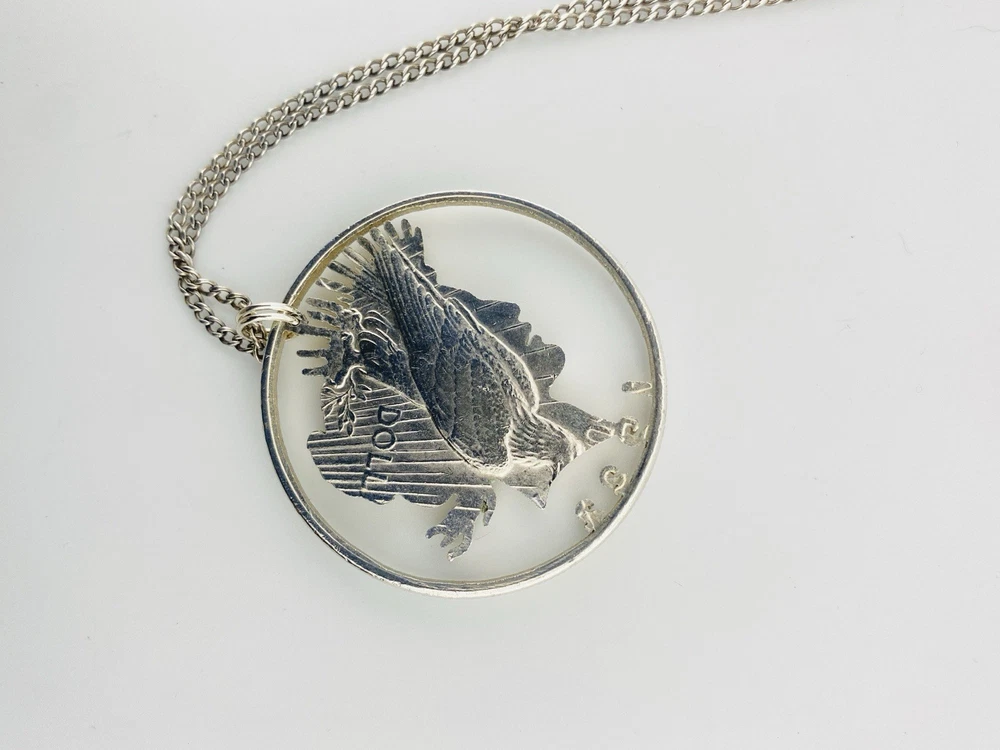 1922 Peace Dollar Liberty silhouette pendant necklace hand cut silver coin