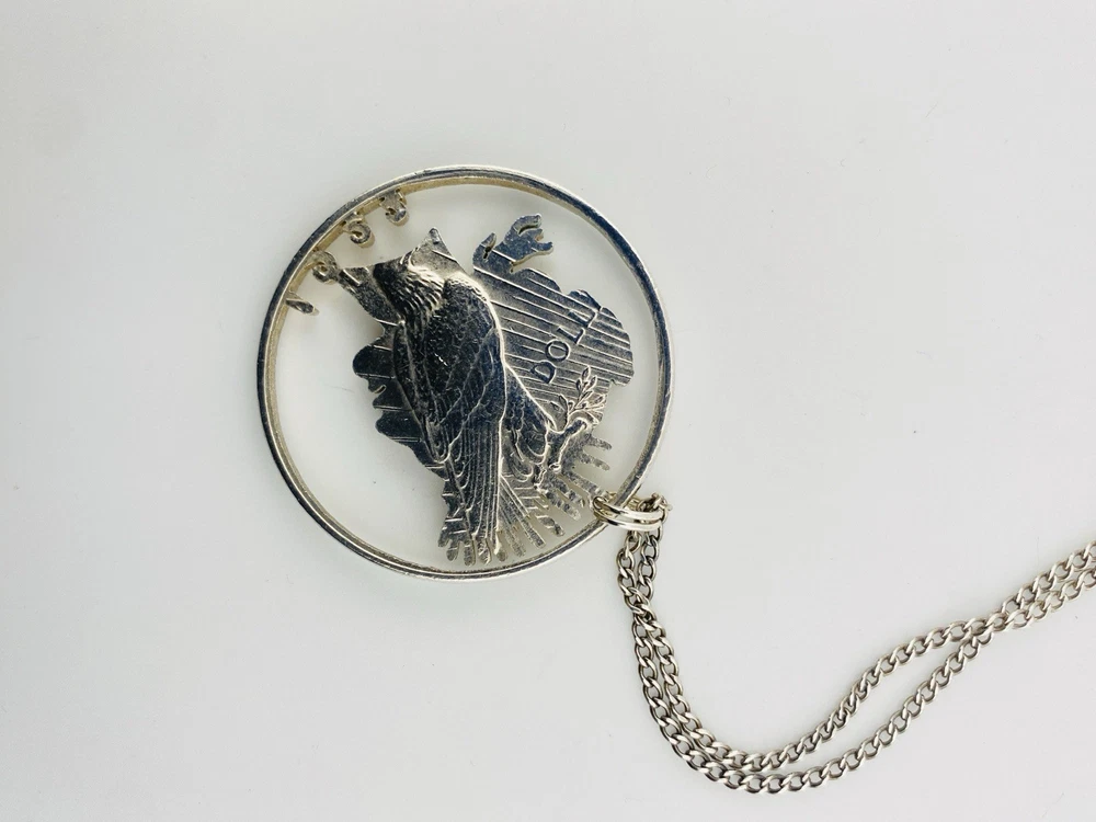 1922 Peace Dollar Liberty silhouette pendant necklace hand cut silver coin