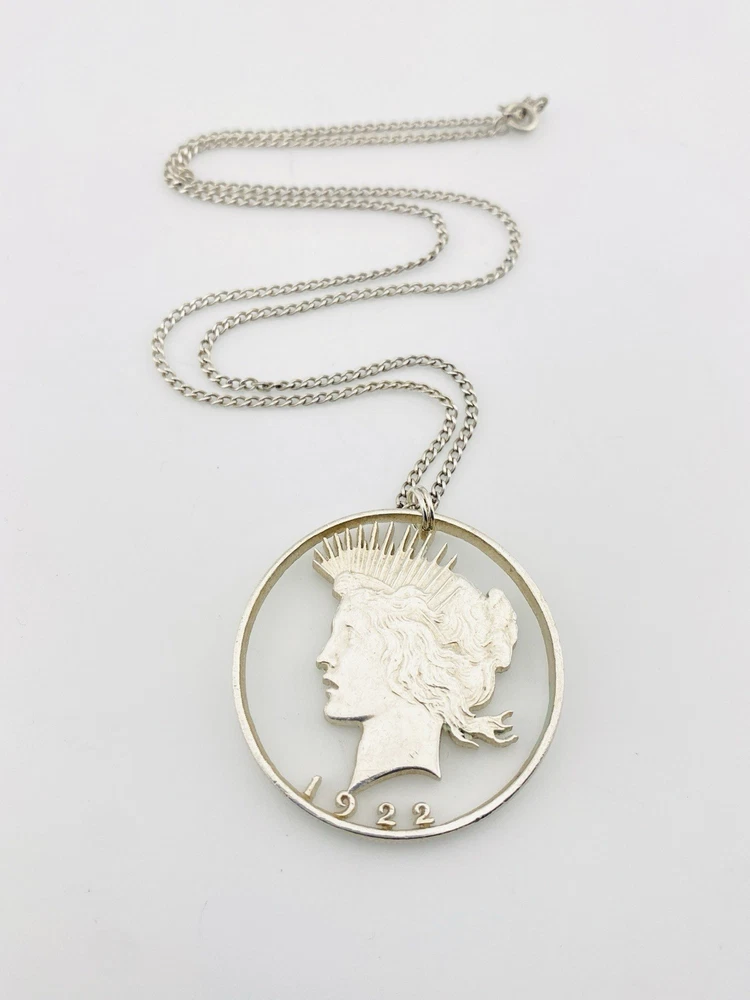 1922 Peace Dollar Liberty silhouette pendant necklace hand cut silver coin